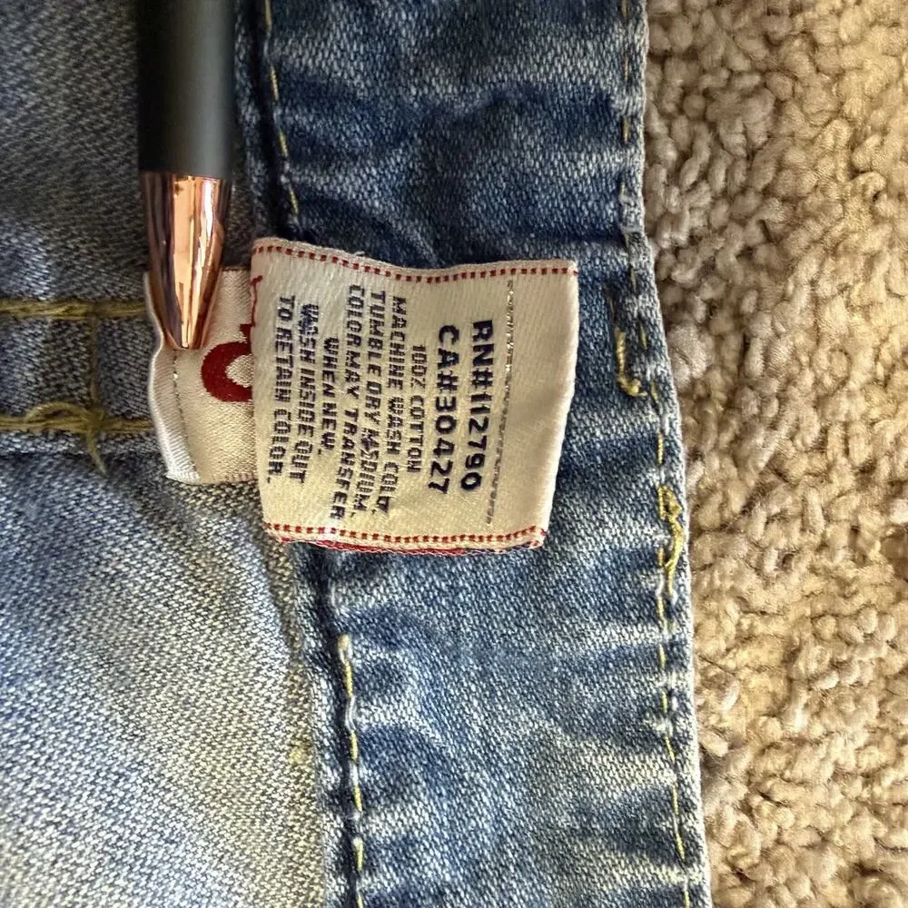 True Religion World Tour Ricky Distressed Flap Jeans 36x 34 Med Wash Blue Denim